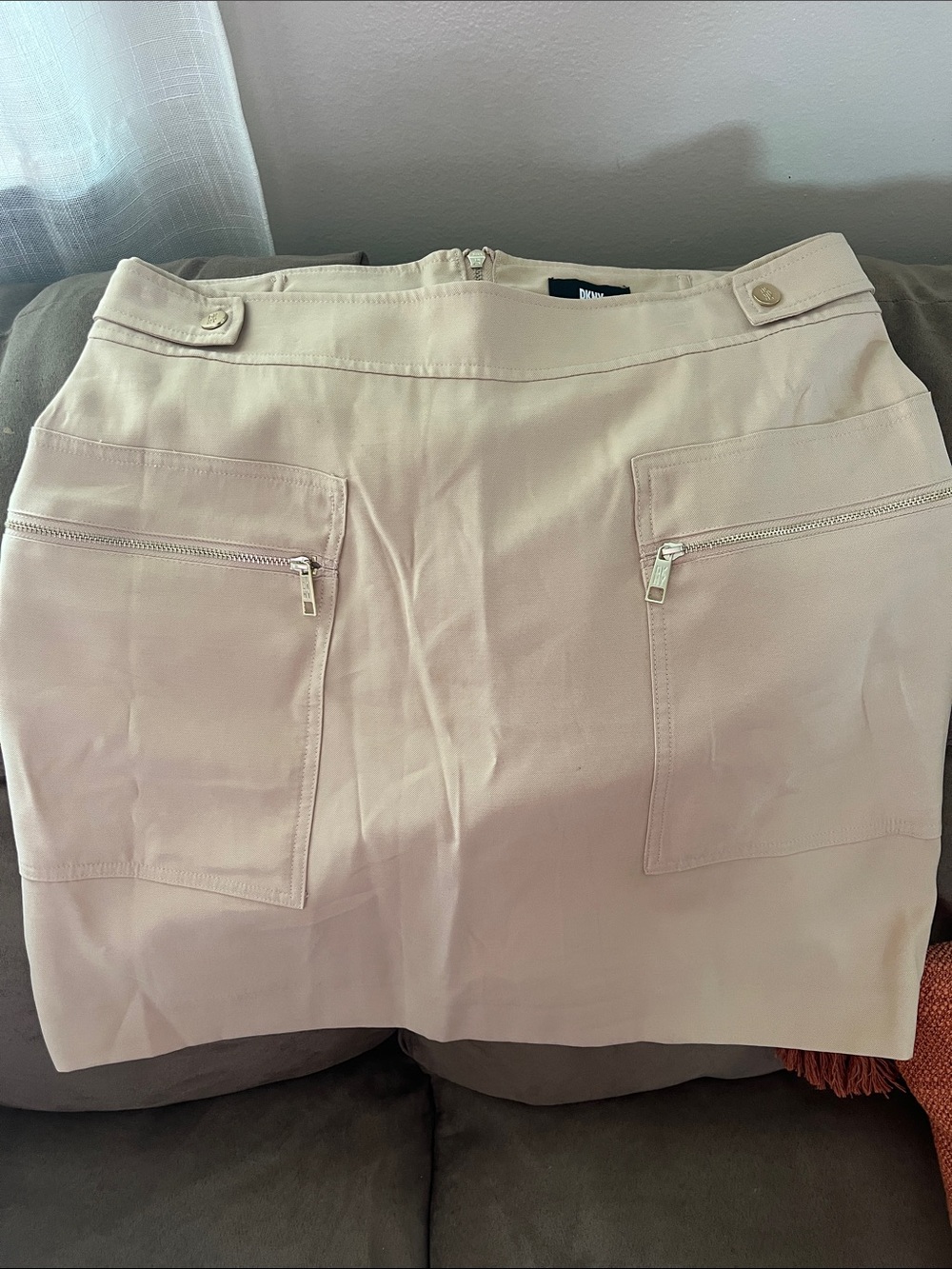 DKNY Light Beige Cotton-Blend Mini Skirt with Front Zip Pockets